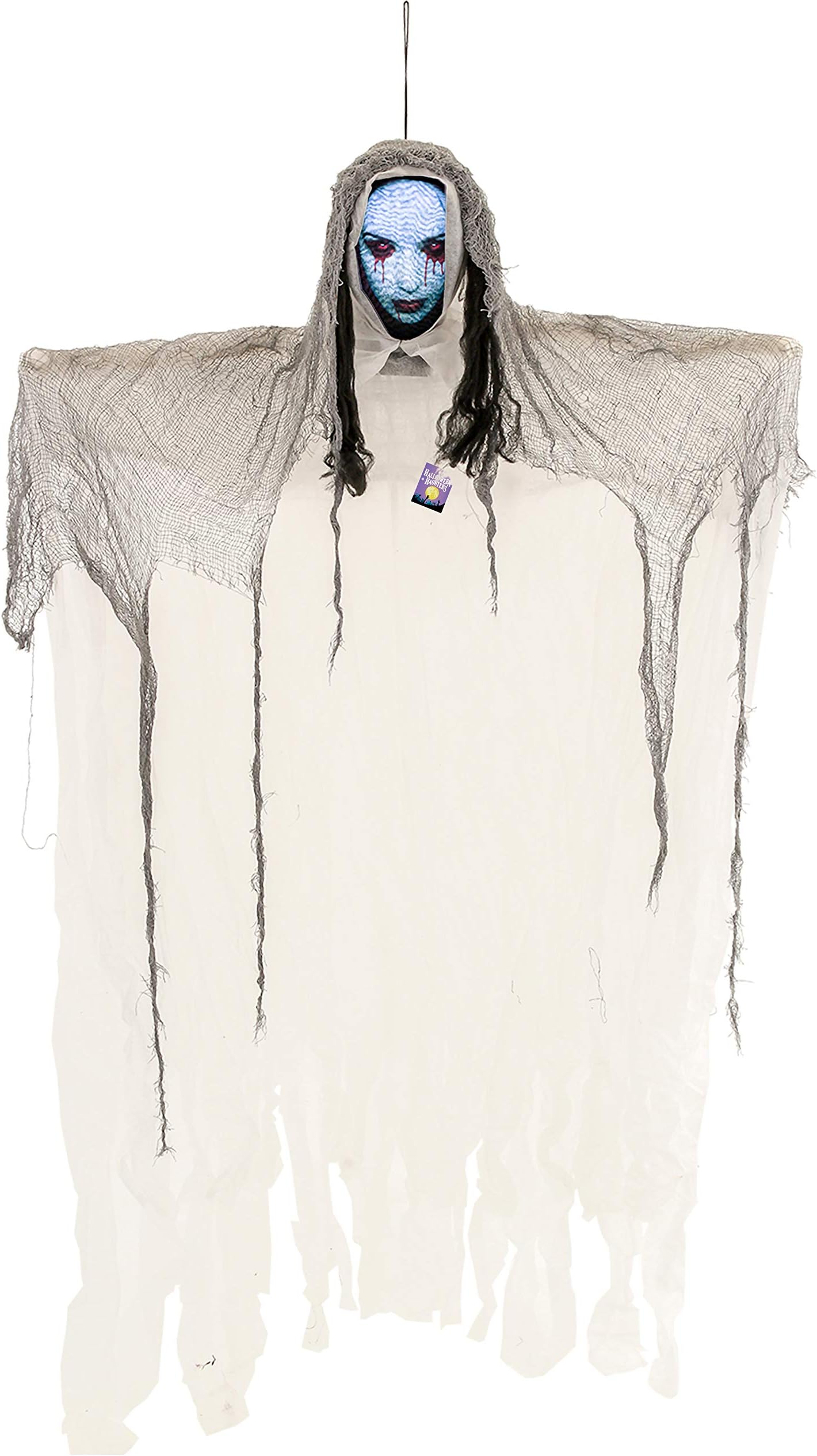 Halloween Haunters 6 Foot Animated Hanging Scary Apparition Strobe Face White Ghost Ghoul Prop Decoration - Light Up Head, Spooky Howls and Moans - Haunted House, Graveyard Entryway - Battery Operated