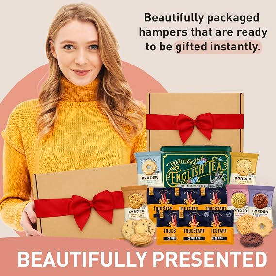 Tea and Coffee Hamper Gift Bundle With x6 TrueStart Instant Coffee Bags, English Afternoon Tea (40 Teabags) & x10 Border Biscuits Mini Packs Biscuit Selection - Gift Hamper Set