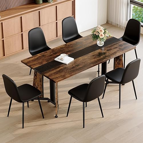 Miniatura 19 de Juego de mesa de comedor para 6, mesa de comedor de mármol blanco de 71 pulgadas con amplio espacio para las piernas y sillas de comedor de cuero