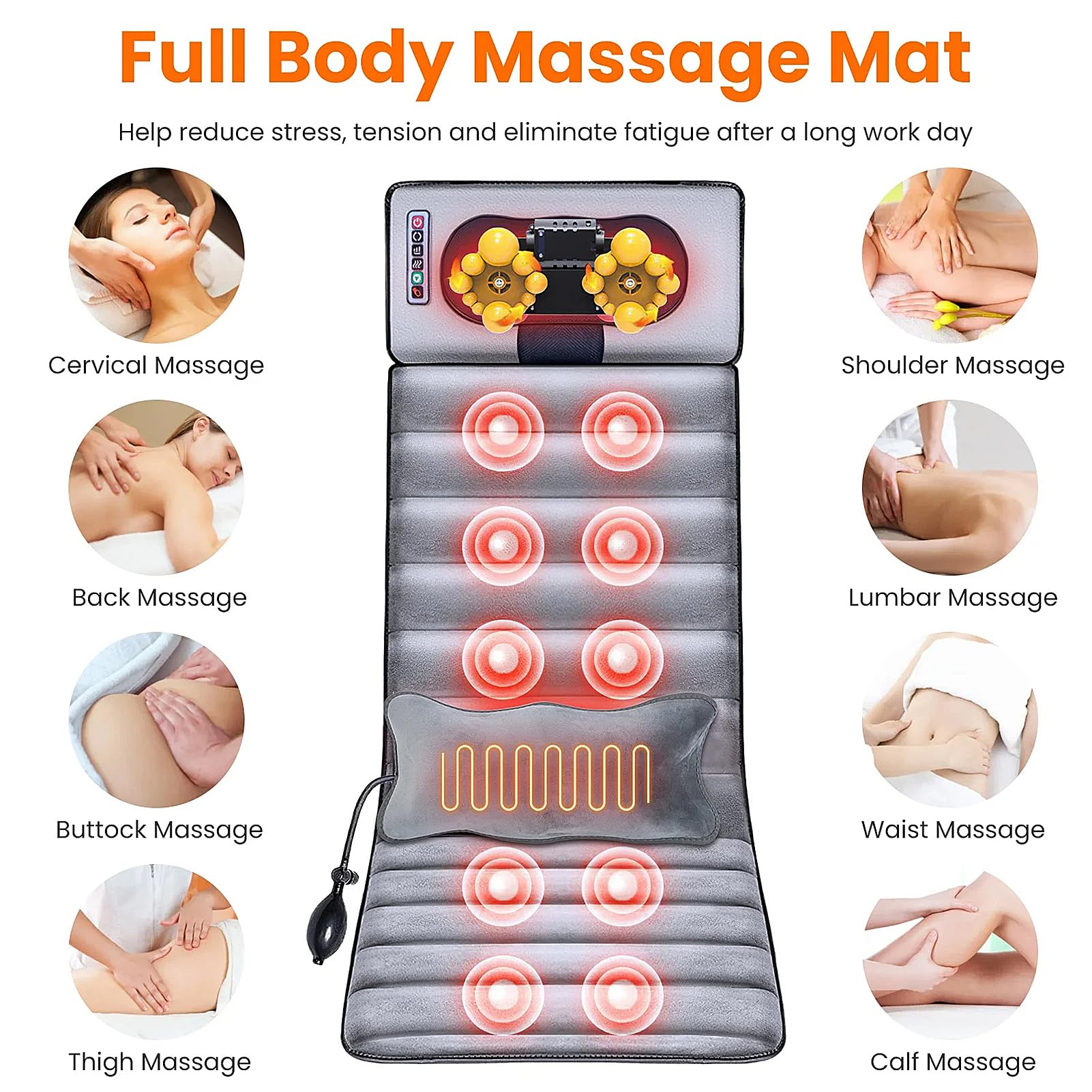 Estera de Masaje de Cuerpo Completo, Shiatsu Vibración Termoterapia Colchón De Masaje Con 10 Motores De Vibración Para Cuello Espalda Cintura Piern