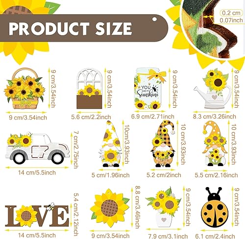 Miniatura 3 de Paquete de 48 adornos de gnomo de girasol, adornos de árbol de verano, flor amarilla, colgante de madera, decoración de fiesta de verano, regalos de