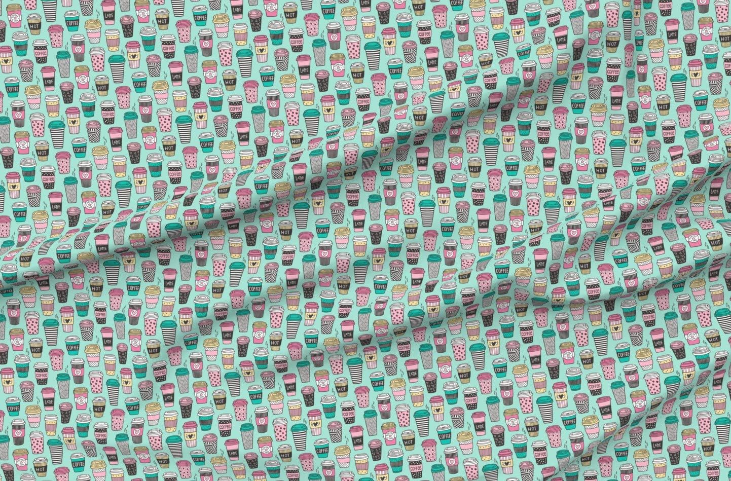 Spoonflower Fabric - Coffee Latte Geometric Patterned Black & White Pink Mint Yellow Green Printed on Minky Fabric by The Yard - Sewing Baby Blankets Quilt Backing Plush
