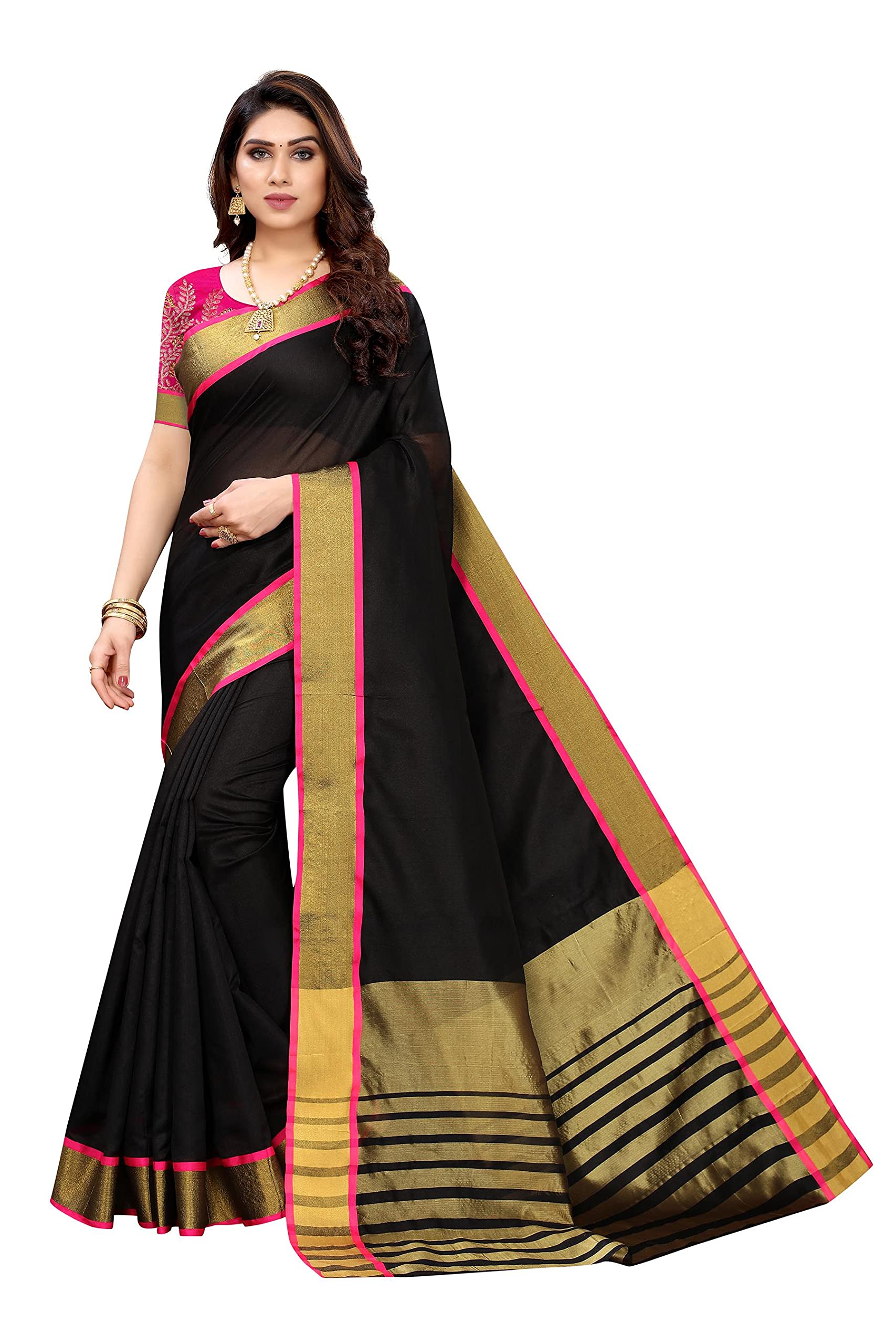 ANNI DESIGNER Women's Art Silk Printed Saree with Blouse Piece (SWAK BLACK_Black)