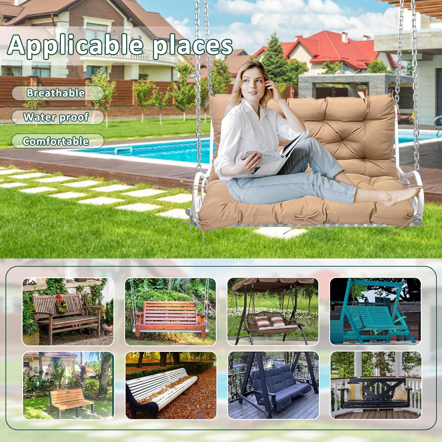 Swing Replacement Cushions for Outdoor: 2-3 Seater Waterproof Porch Bench Cushion with Ties - Thick Patio Swing Cushion with Backrest for Garden Backyard Furniture
