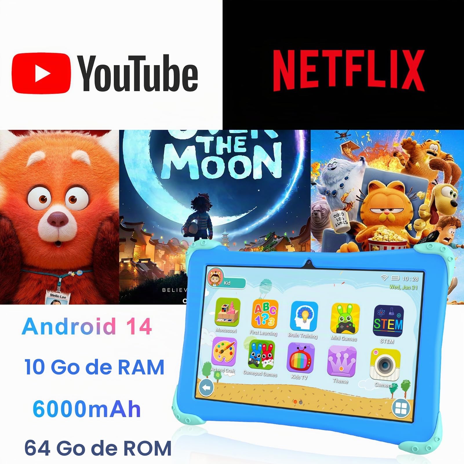 EagleSoar Tablette pour Enfants 10 pouces, Tablette Android 14 Processeur Octa-Core, Kids Tablette 3 à 12 ans, 10Go RAM + 64Go ROM, avce Logiciel Apprentissage pour Eenfants et Contrôle Parental(Bleu)