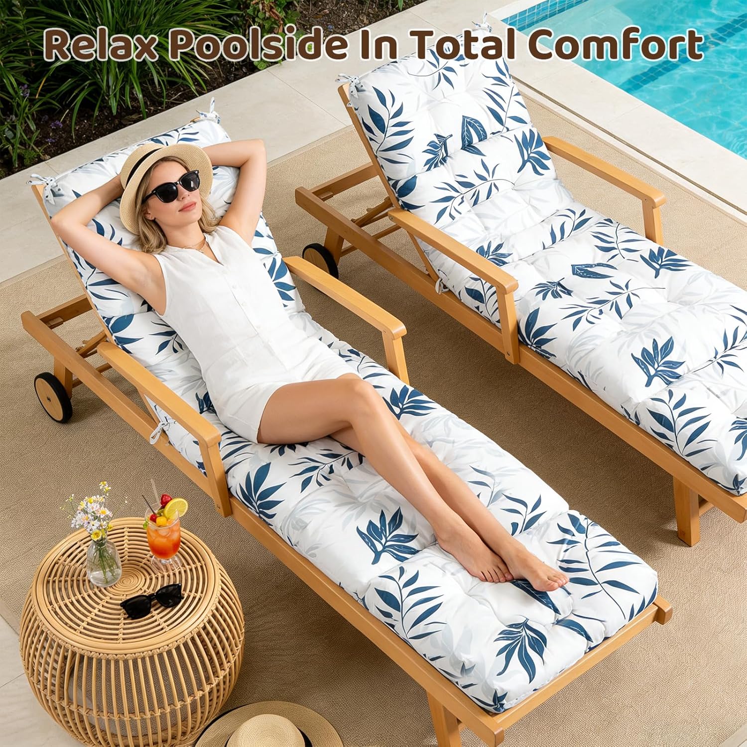 Outdoor Chaise Lounge Chair Cushion - Waterproof 74.8 x 21.7 x 4.7 Inches Memory Foam Pool Lounge Chair Cushions Replacement for Outdoor Furniture with Ties: Thickened Pool Chair Cushions, Leaf