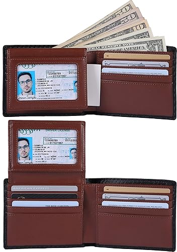 Miniatura 2 de NUMBER.WU 2 ID Window Wallets for Men RFID Blocking Men's Bifold Carbon Fiber Genuine Leather Trifold Wallet for Mens (Brown - Carbon Fiber)