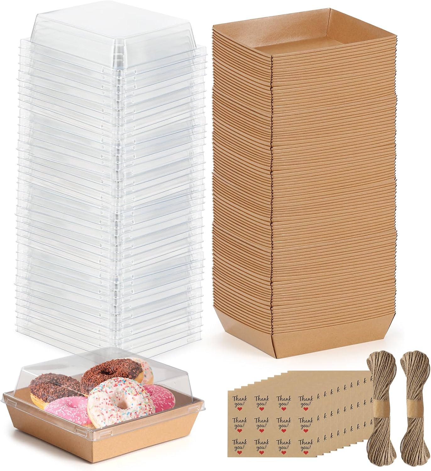 Charcuterie Boxes 100 Pack with Clear Lids, Square Disposable Paper Food Containers to Go Bakery Boxes for Strawberries, Cake Slice, Desserts, Donuts, Party, Wedding, Outdoors and Home Use (Brown)
