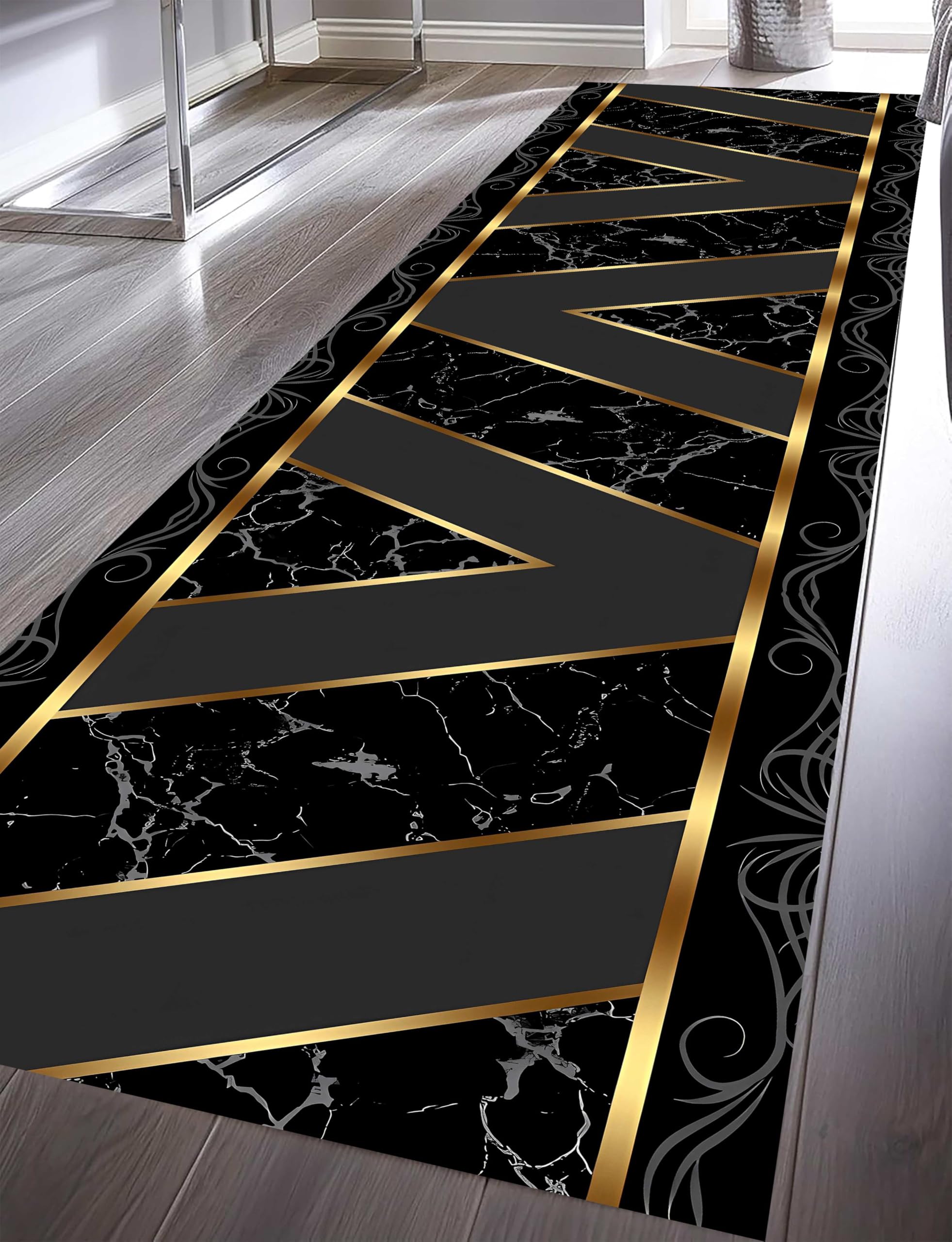 Black Geometric Runner Rug,100x200cm, Stylish Abstract Marble Texture Long Hallway Rug, Non-Slip Low Pile Washable Carpet, Soft and Durable Non-Shedding Throw Rugs for Living Room Entrance Hall