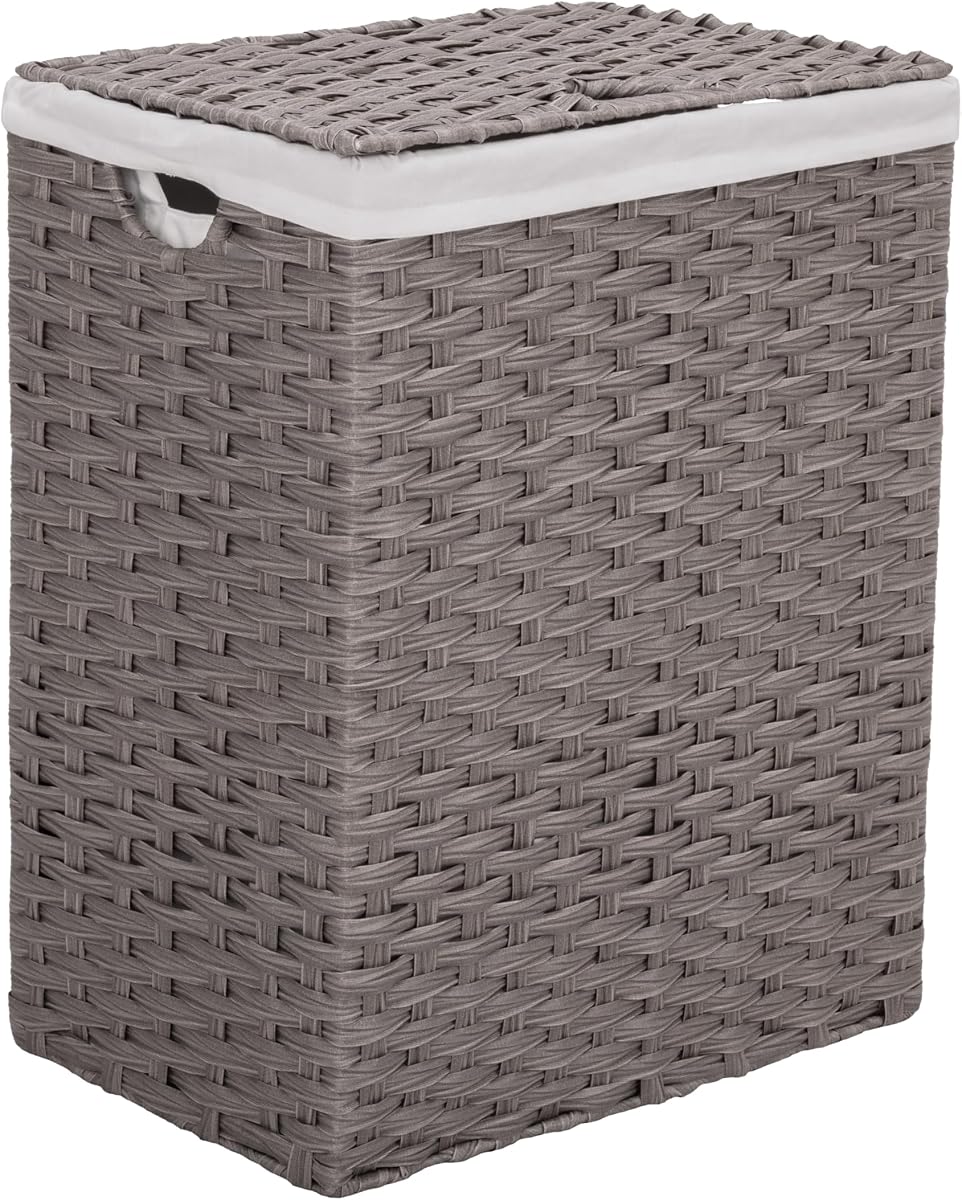 Premium Handwoven Portable Laundry Bin Basket with Carrying Handles, Household Storage for Clothes, Linens, Sheets, Gray, Rectangular Hamper