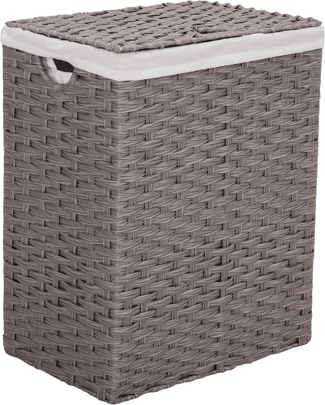 Premium Handwoven Portable Laundry Bin Basket with Carrying Handles, Household Storage for Clothes, Linens, Sheets, Gray, Rectangular Hamper