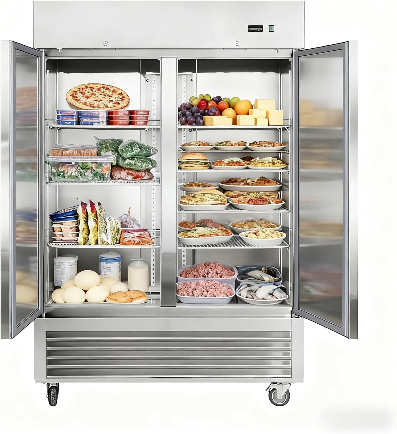 54" Commercial Freezer, 42 Cu.Ft Upright Freezer with 2 Solid Door, Stainless Steel Reach-in Freezer, -8℉ ~ -2℉, Fan Cooling Freezer with 6 Shelves for Restaurant Bar Garage, ETL and DOE Approved