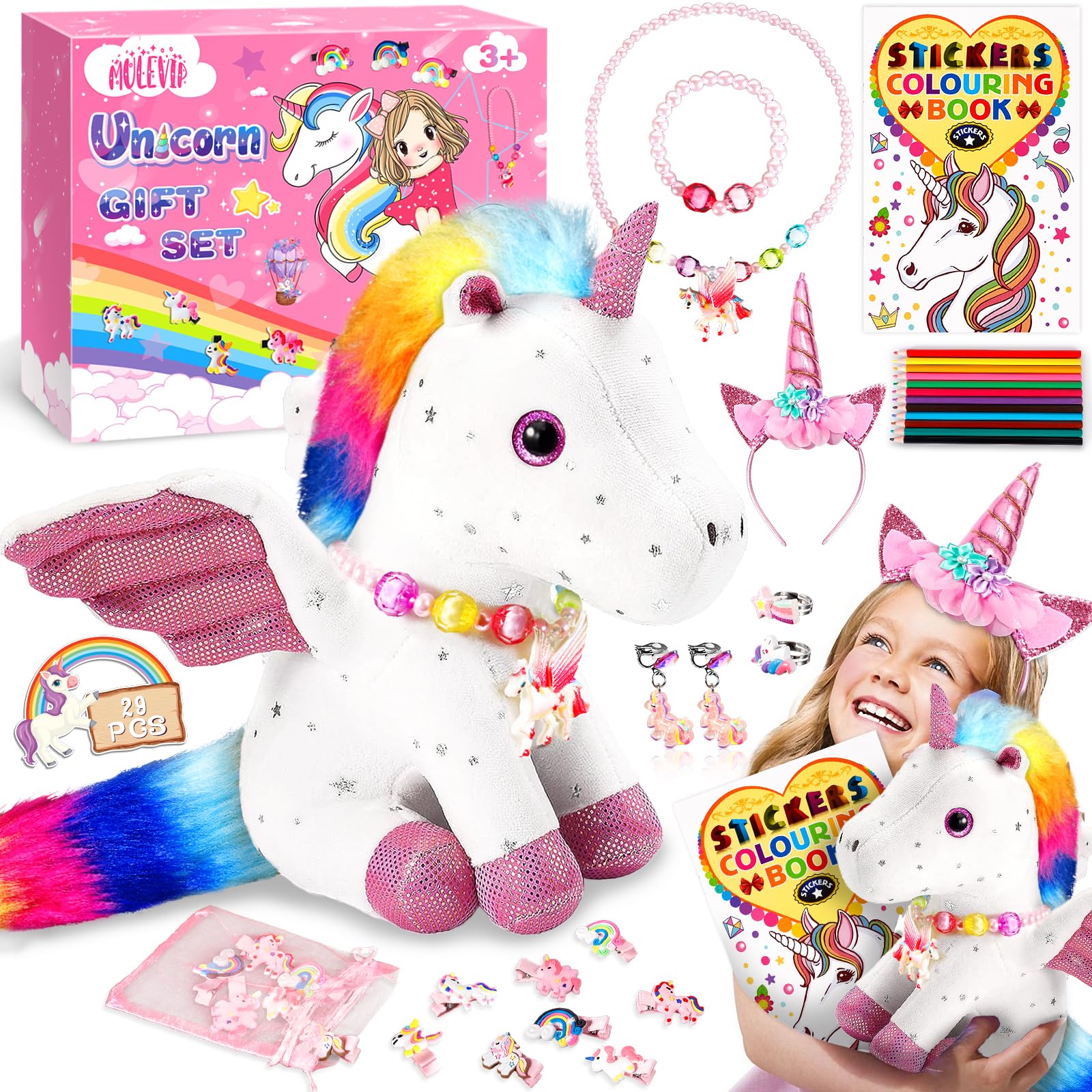 MULEVIP Einhorn Set Für Mädchen - 29 Teile Mit Malbuch & Schmuck