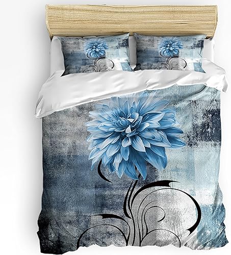 Juego de funda de edredón tamaño Queen de 3 piezas con estampado floral de dalia azul juego de ropa de cama suave con cierre de cremallera y lazos