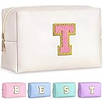 TOPEAST Preppy Stuff for Girls, Initial Makeup Bag Chenille Letter Pouch Cosmetic Bag with Zipper, PU Leather Waterproof Toiletry Bag, Cute Stuff Birthday Gift for Friends Sister (Pearly White T)