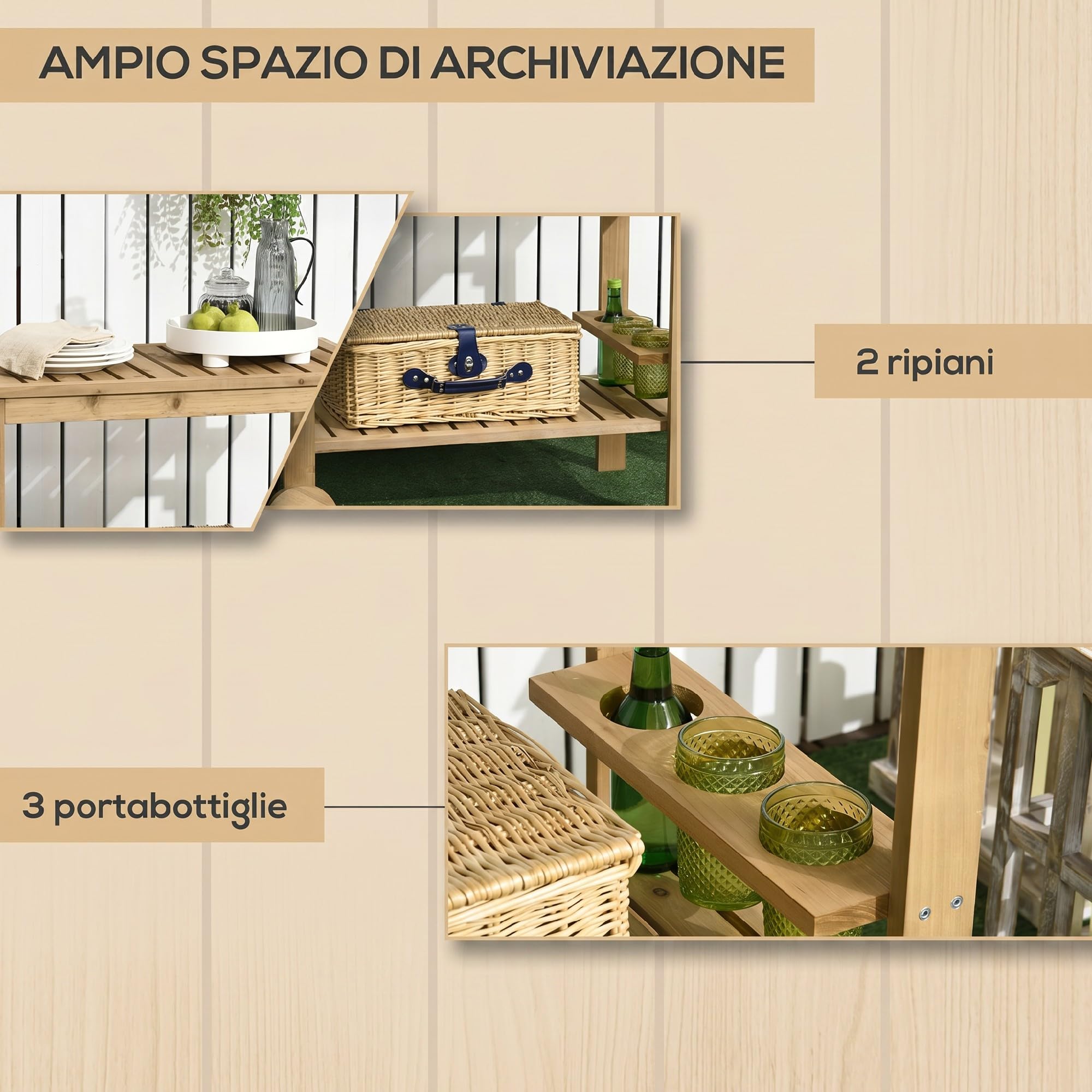 Outsunny Carrello Portavivande da Giardino, Carrellino 95x47x74 cm Legno | Legno di Abete, 2 Ripiani a Doghe, Carrello di Servizio, 3 Portabottiglie e Maniglia, per Patio Terrazza