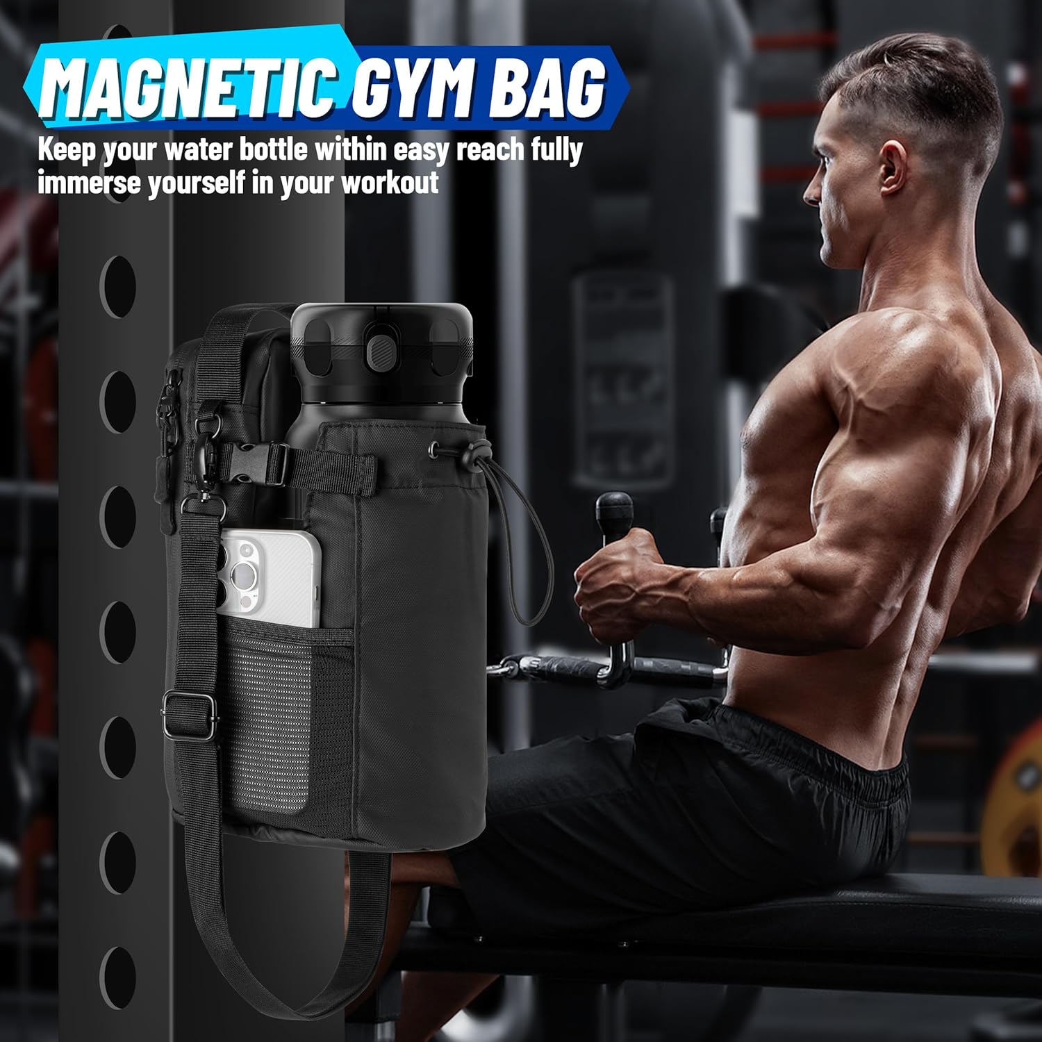 Magnetic Gym Bag, 5 Built-in Strong Magnets Gym Water Bottle Carrier Bag with Pockets & Shoulder Strap Compatible with Owala Hydro Flask Stanley, Fits 14-40oz Bottles - Image 2