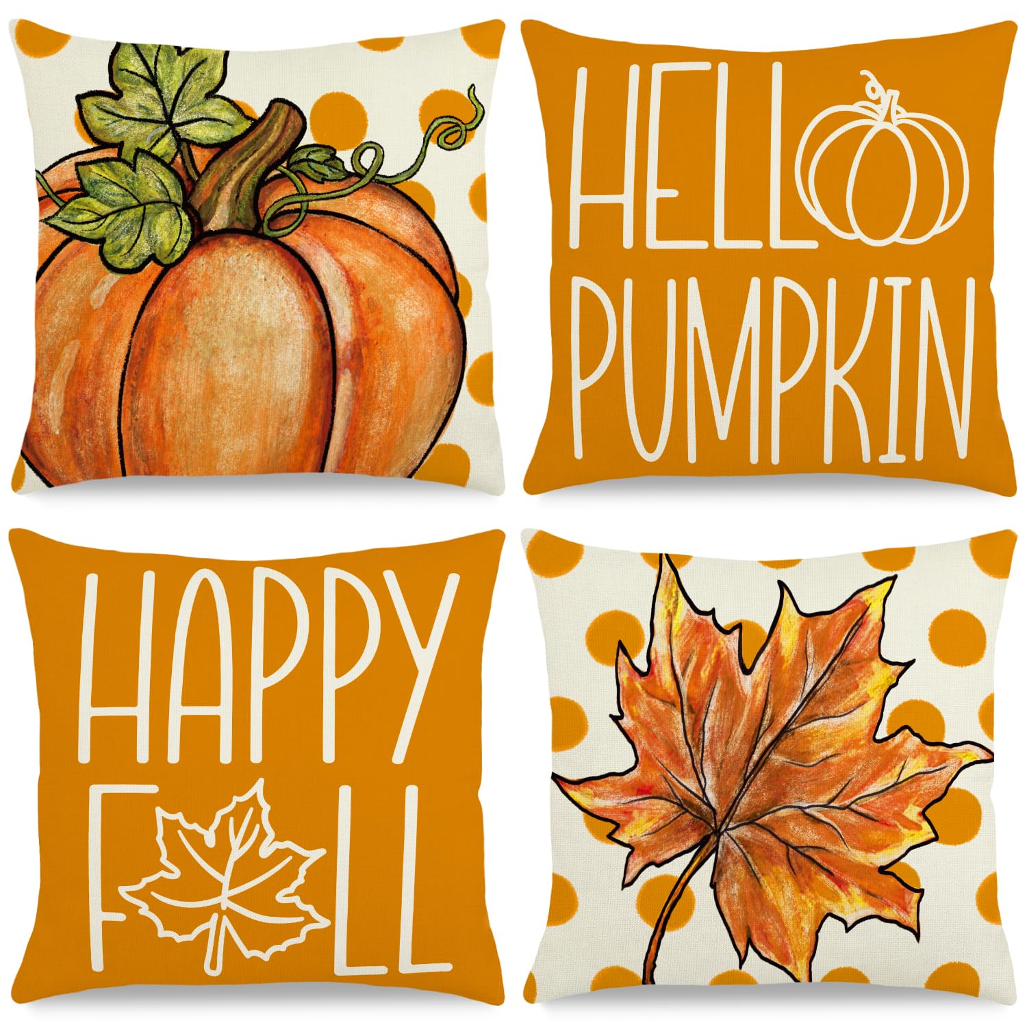 Feivando Linen Pumpkin Maple Leaf Covers, Set of 4