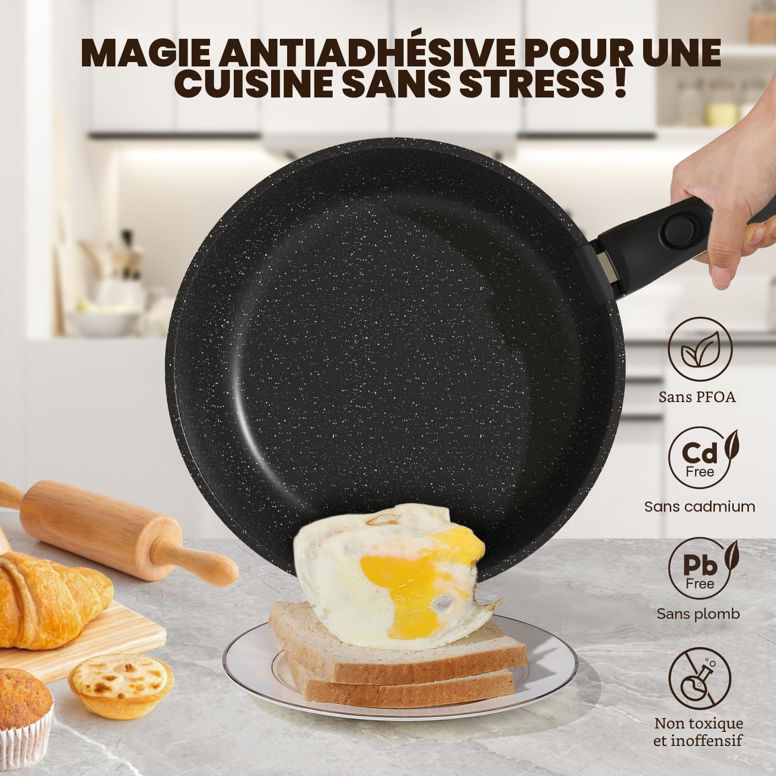 YASHE Batterie de cuisine 21 pièces, Ensemble de casseroles et poêles antiadhésifs, poignées amovibles, couvercles en verre, compatible induction, four, empilable,grise, Gris