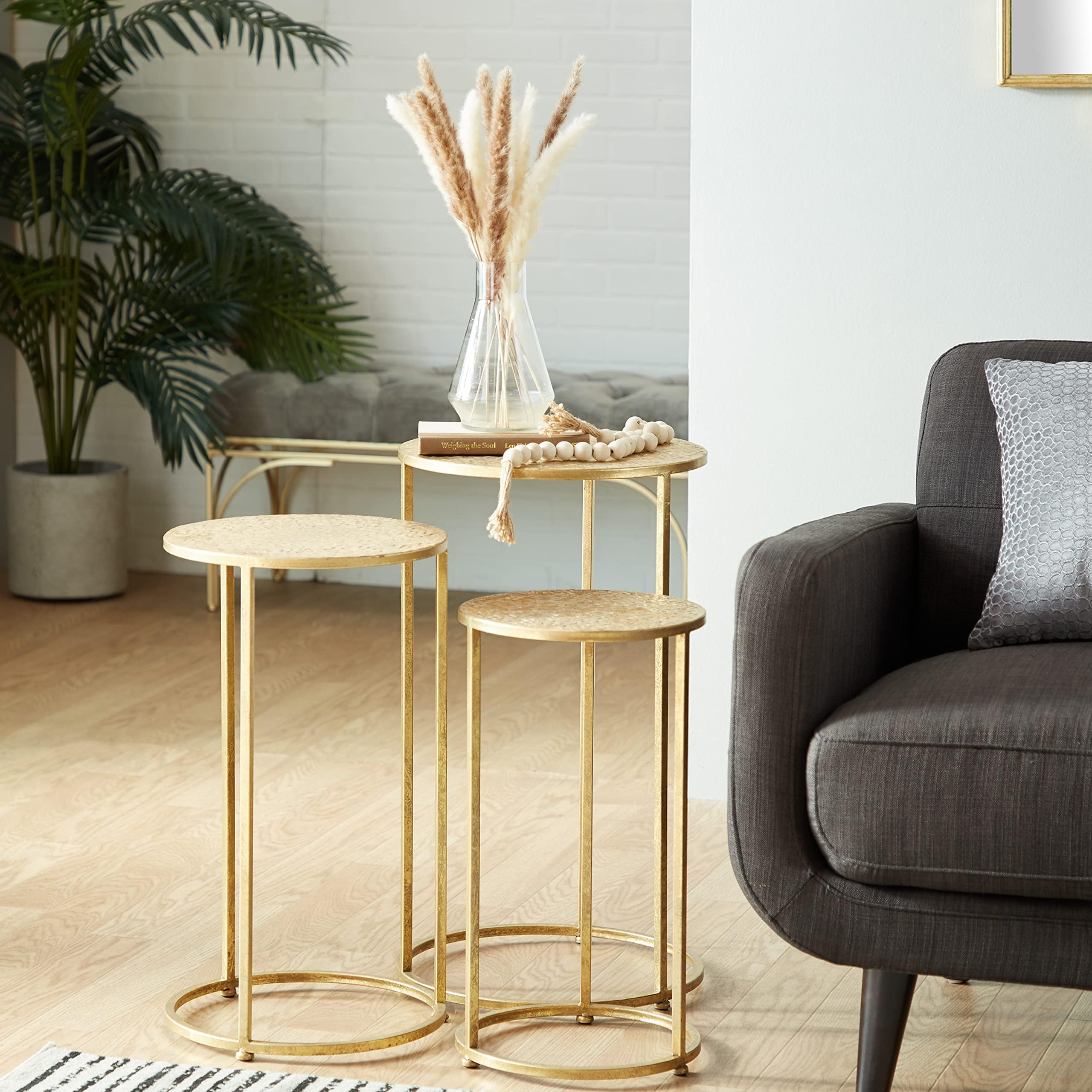 Deco 79 Metal Side End Accent Table Nesting End Table with Textures Tops, Set of 3 Side Table 28", 24", 22"H, Gold