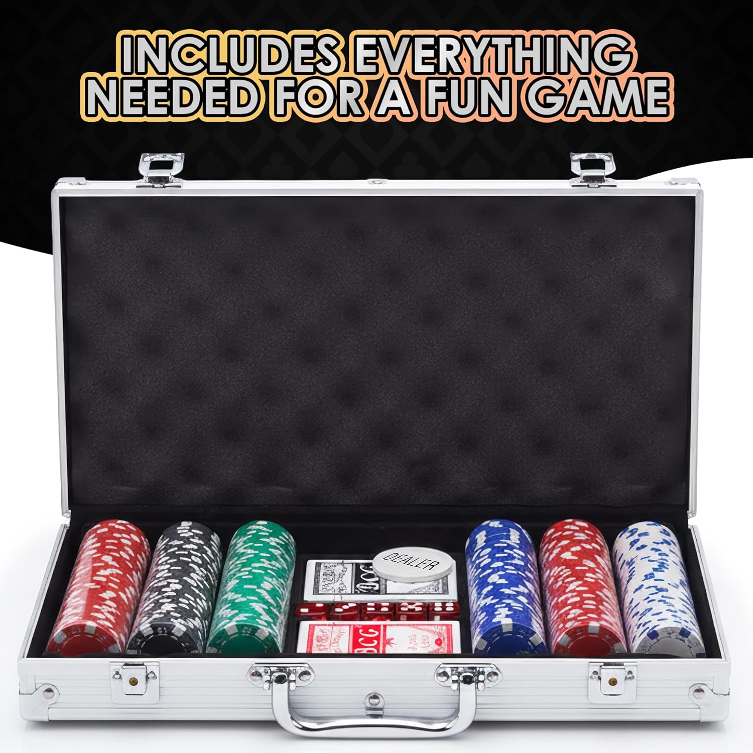 Gamie Poker Set in Aluminum Case, Casino Poker chip Kit with 300 Chips, 2 Decks of Playing Cards, 5 Dice, and 1 Deluxe Case, Fun Game Night Supplies, Best Poker Gifts for Teens and Adults, Black