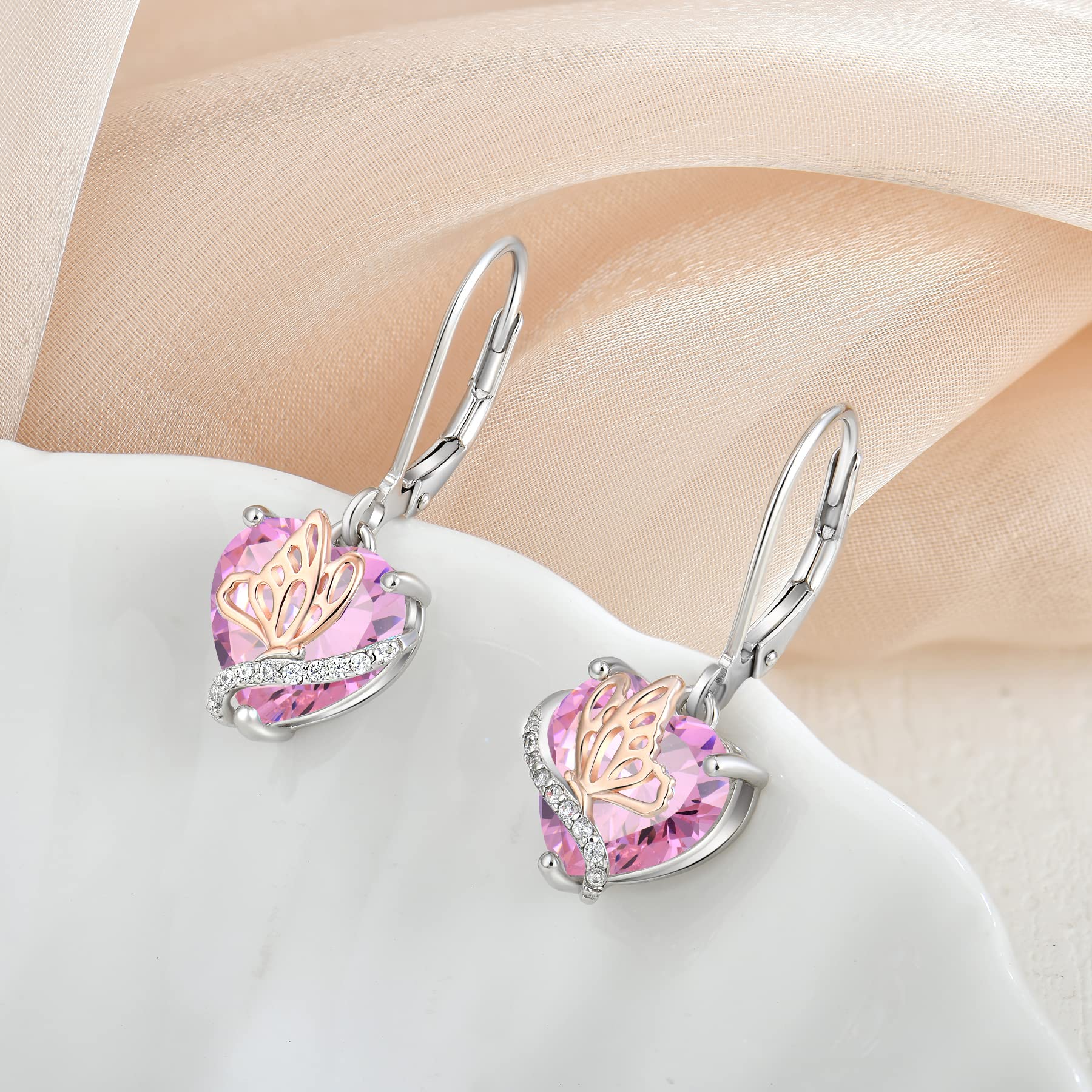 YL Pendientes Corazón Plata de Ley 925 con 12 piedras de Nacimiento Circonita Mariposa Pendientes para Mujer