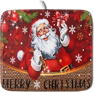 Giwawa Merry Christmas Dish Drying Mat 16"x18" Xmas Santa Claus Balls Winter Snowflakes Dish Drainer Mats Absorbent Fast Dry Microfiber Dish Drying Pad for Kitchen Countertop Home Decor