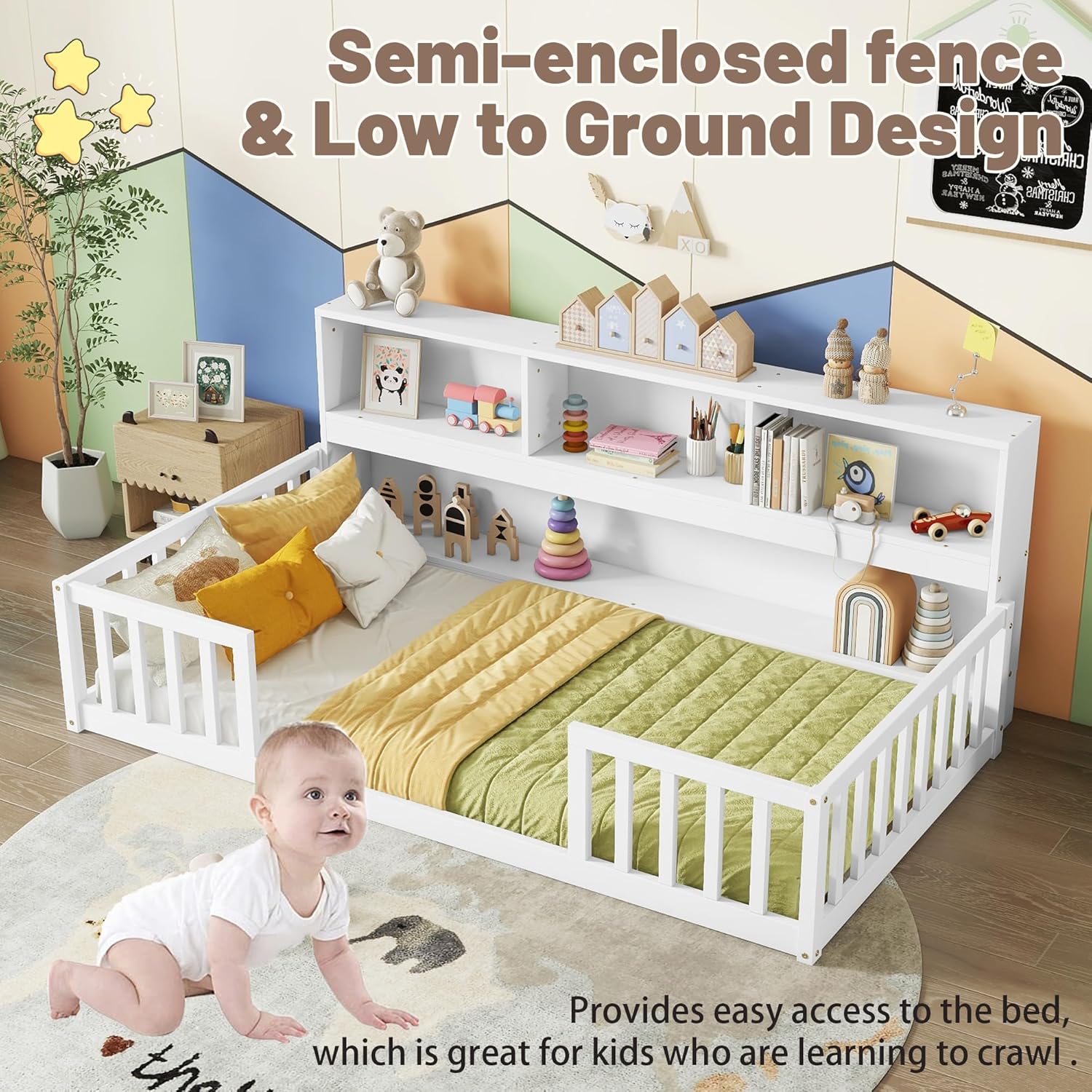 Twin Size Floor Bed with Rails, Wood Montessori Floor Bed with Bookcase and Shelves, Kids Twin Bed Frame for Boys,Girls, White