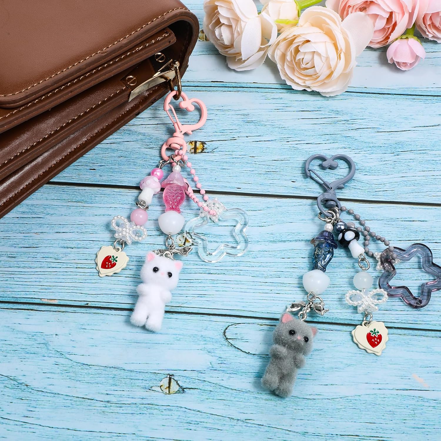 2Pcs Cute Cat Keychain Fuzzy Cat Keychain Y2K Heart Bow Pendant Star Butterfly Strawberry Bear Key Chain Aesthetic Y2K Key Ring Delicate Kitty Keychains Decor for Women Backpack Purse Phone Halloween - Image 7