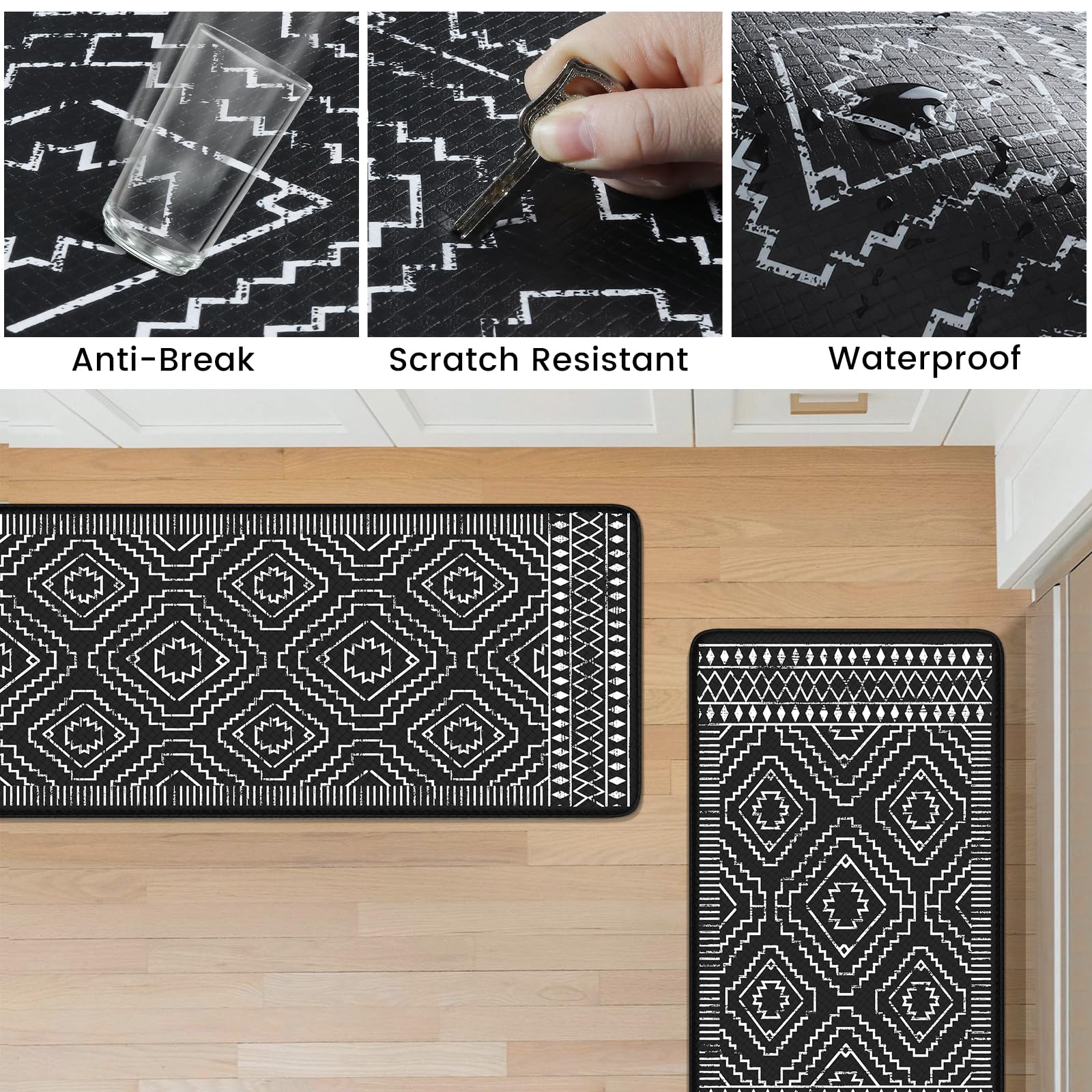 KIMODE Küchenmatte gegen Ermüdung, schwarz, Boho-Küchenteppich, rutschfest, 2er-Set, Küchenmatten für Boden, Marokko, geometrischer Memory-Schaum, gepolsterte Standmatten für Waschbecken, Wäsche, Büro