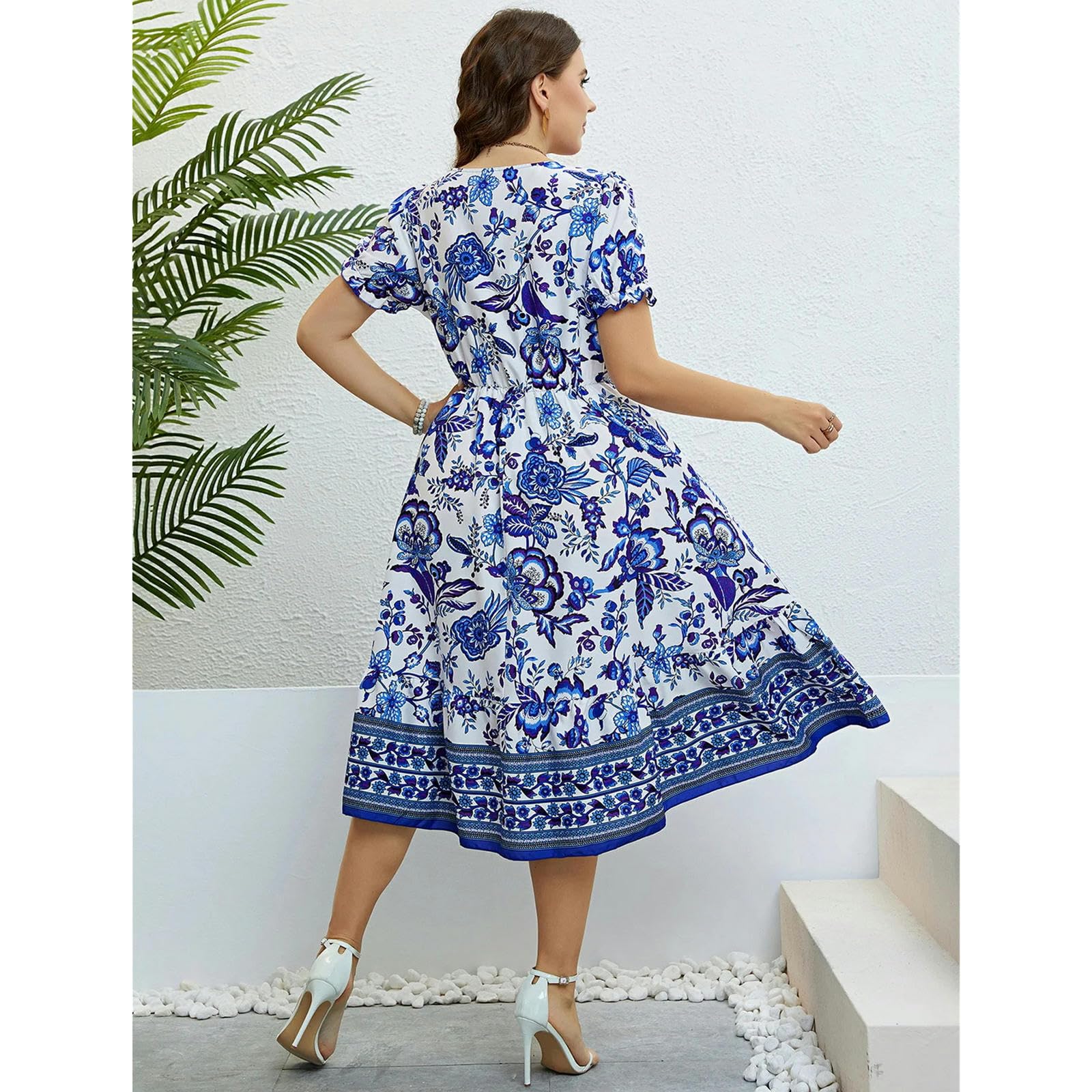 Plus Size Donne Fiore Stampa V-Neck A-Line Abiti Eleganti Increspature Maniche Corte Abito Del Partito Casual Lady Vacanza, HUTALIM, Blu, 4XL