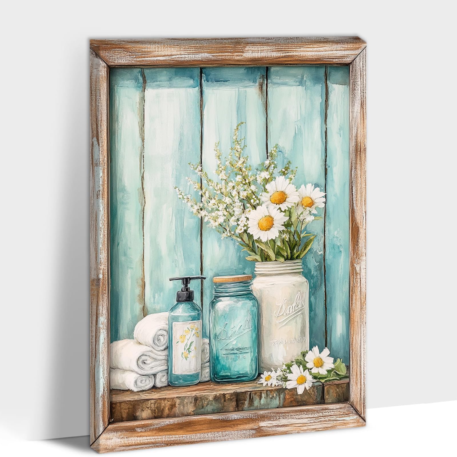 Bathroom Wall Art Decor, Daisy Flowers Painting Floral Wall Art Fake Window Style Rustic Blue Floral Pictures Wall Decor, Bathroom Canvas Prints