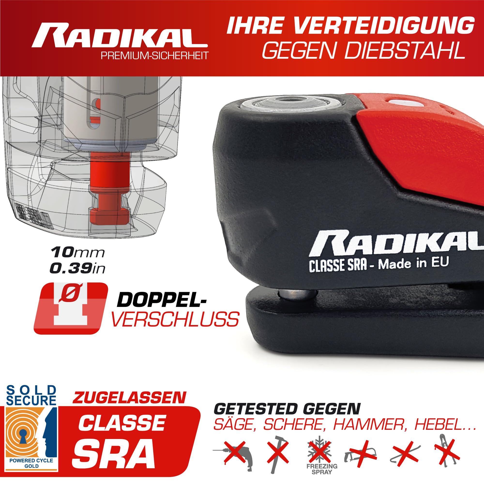RADIKAL RK10 Bremsscheibenschloss Premium mit Alarm | Aktivierung nach Wahl, 120 dB, LED Warnung Voralarm | Motorrad Schloss SRA-zertifiziert, aus zementiertem Stahl, Doppelverriegelung Ø10, Rot