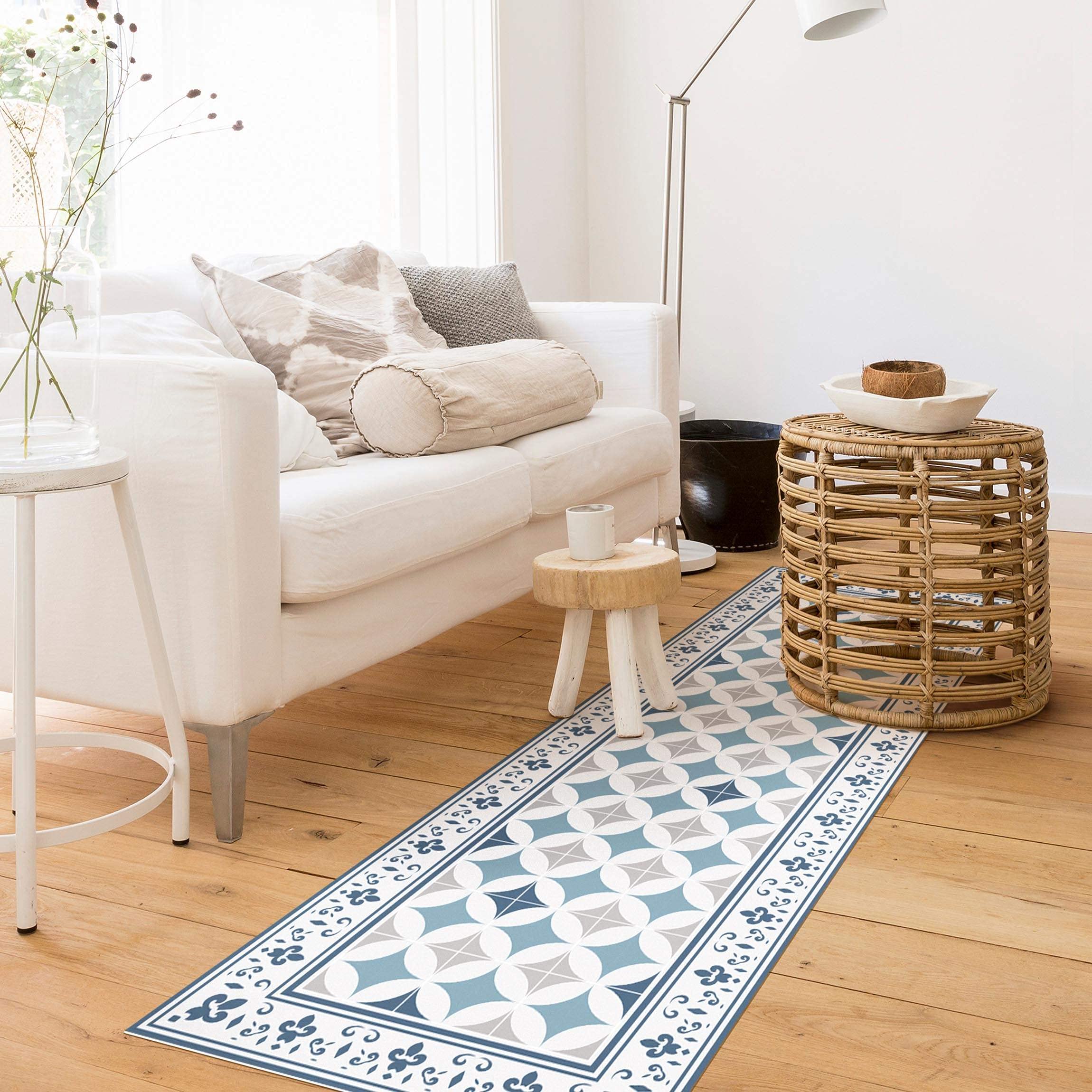 Tapis en Vinyle essuyable à l'eau à Motifs Collage sans Bulles Protection de Sol géométrique Tapis antidérapant Bleu Imitation carrelage Cuisine Couloir 3074 (60x180cm)