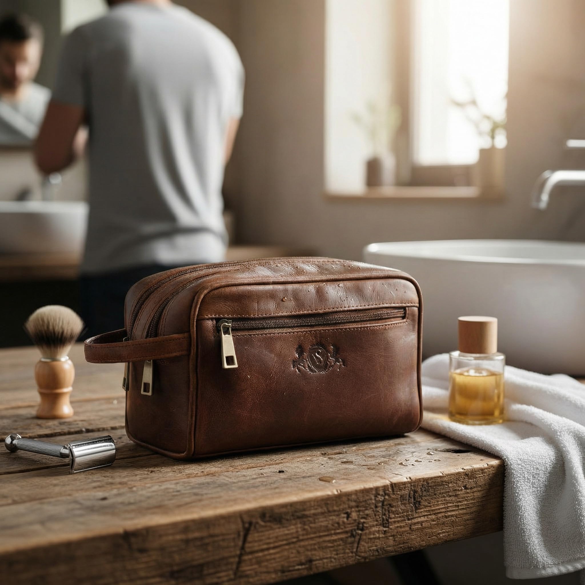 SID & VAIN Trousse de Toilette Cuir véritable GATWICK nécessaire de Voyage Grand pour Hommes Trousse de Maquillage Marron