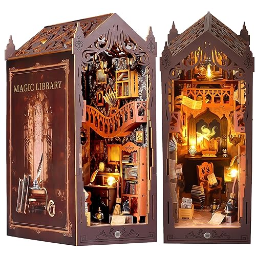 Book Nook DIY Kit, Magic Library DIY Dollhouse Miniature House DIY Construction Kit with Dust Cover and LED Light