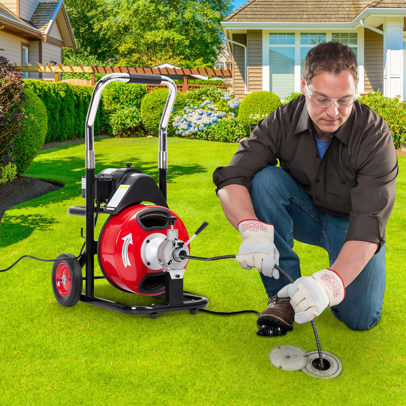 75Ft x 3/8 Inch Heavy-Duty Electric Drain Cleaner Machine, 250W Auto-Feed Sewer Snake with 4 Cutters & Foot Switch, Portable Auger for 1