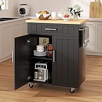 Shintenchi Black Kitchen Island Cart with Storage, Rolling Microwave Stand on Lockable Wheels, Portable Workstation for Kitchen & Dining 26x35"