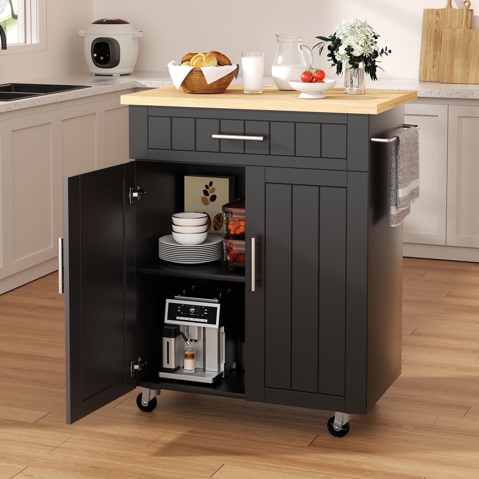 Shintenchi Kitchen Island cart with Storage, Portable Bar Cabinet on Wheels, Rolling Microwave Cart Side Table with Workstation for Kitchen, Dinning Room, Black