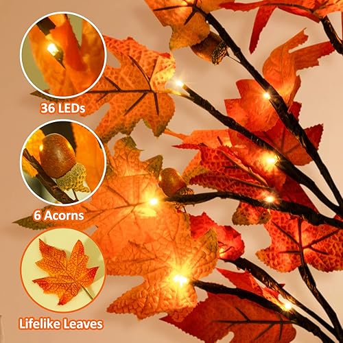 Miniatura 3 de Remon Árbol de arce iluminado de 2 pies, árbol artificial de otoño, decoración de Acción de Gracias, lámpara de mesa con 36 luces LED, hojas de arce