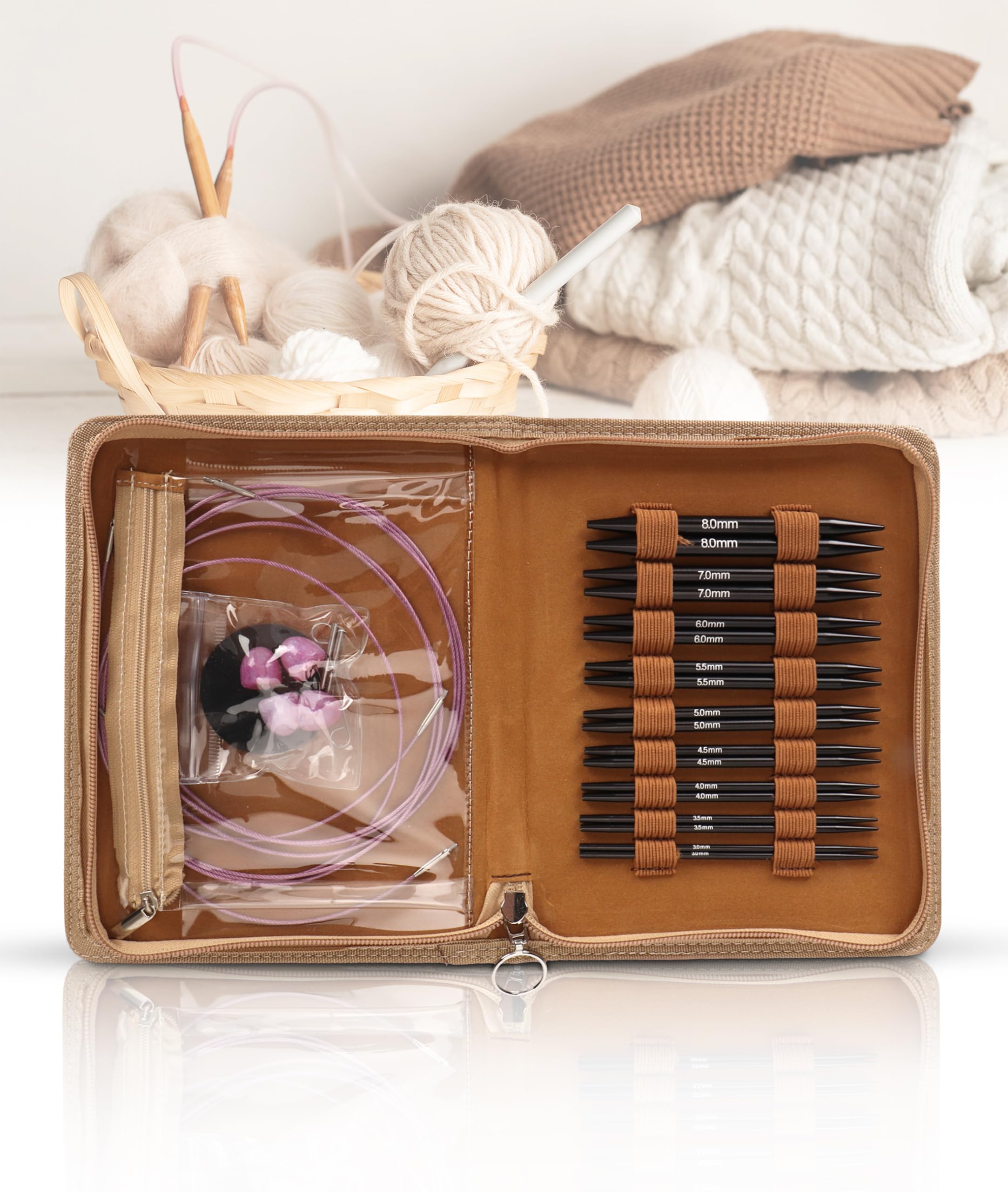 Gugxiom Interchangeable Circular Knitting Needle Set, 9 Pairs OfCircular Knitting Needle Set, 3 to 8mm Metal Knitting Needles Set with Ergonomic Handles and Storage Bag, for Weaving Projec