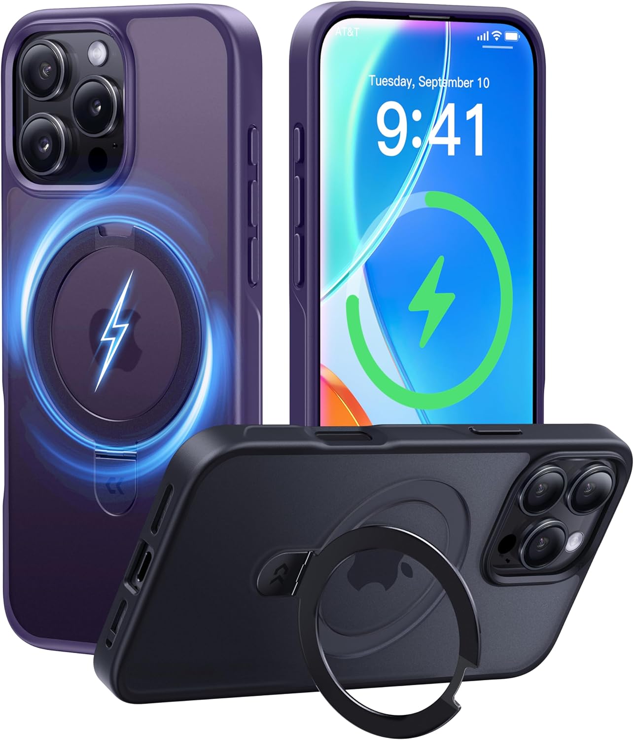 CASEKOO Ultra-Magnetic Stand for iPhone 16 Pro Case [Military Drop Protection] [Compatible with MagSafe] Shockproof Translucent Matte Slim Ring Holder Case for iPhone 16 Pro 6.3", Purple