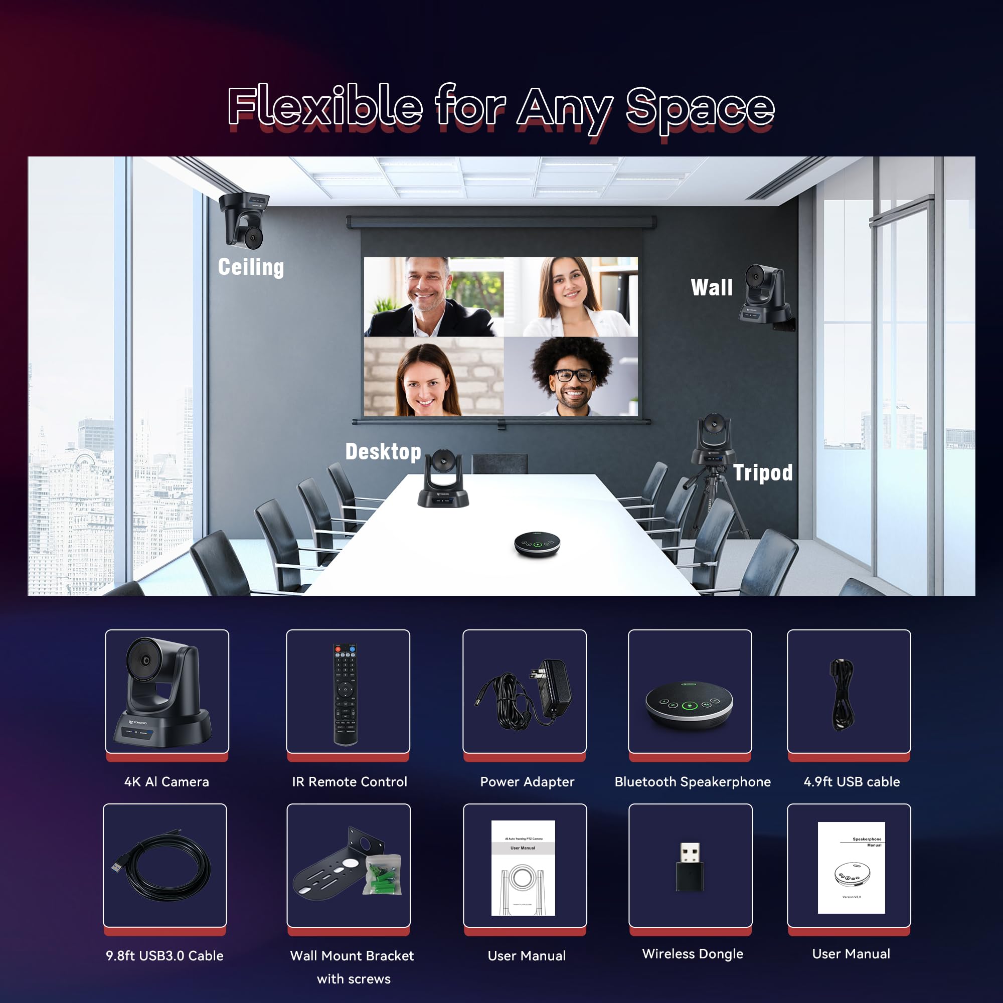 TONGVEO 4K PTZ-Konferenzkamerasystem, KI-Auto-Tracking, 3X Zoom, 4K PTZ-Kamera mit USB 3.0/HDMI & 93° Weitwinkel, Bluetooth-Freisprecheinrichtung mit Mikrofon für Remote-Meetings & mehr.