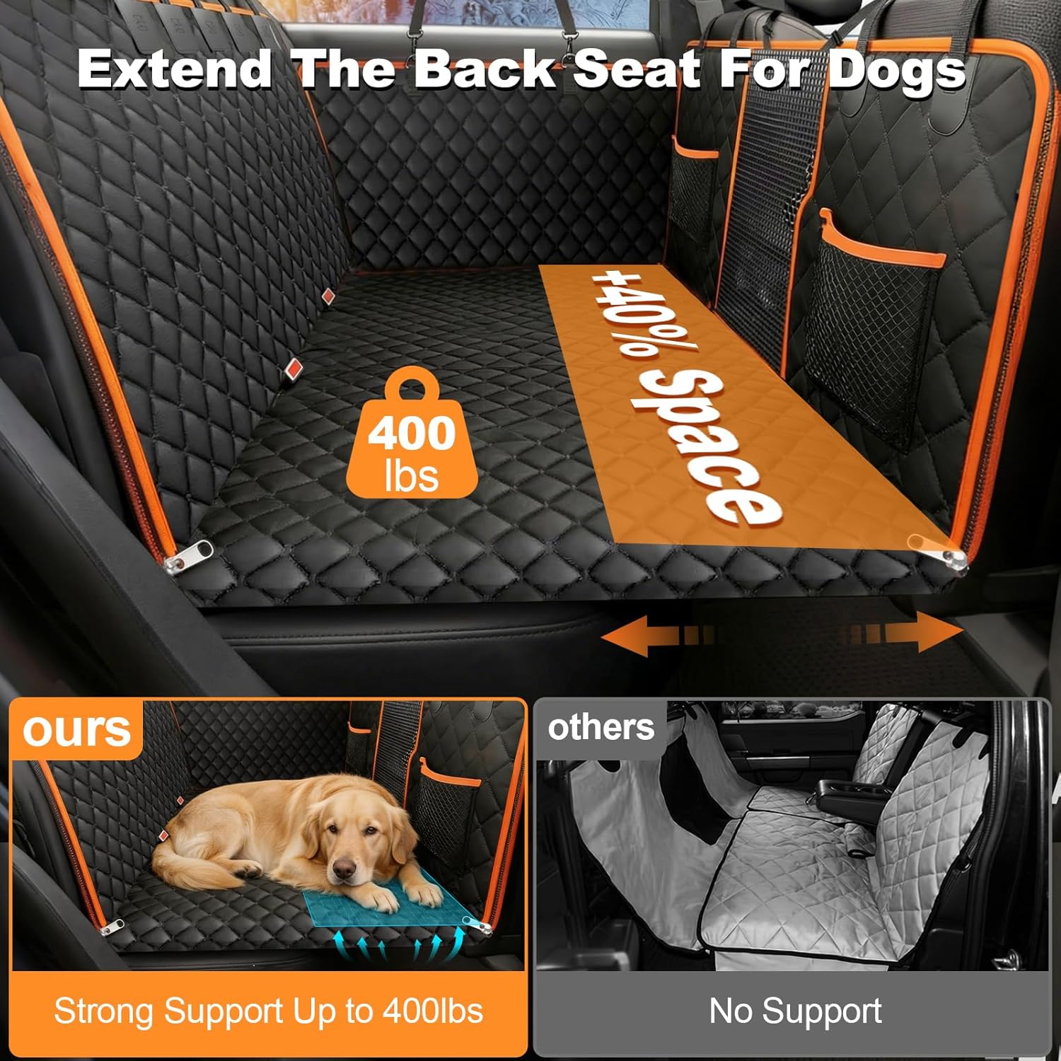 PartsBling 3 in 1 Hard Bottom Car Seat Cover for Dogs, Convertible Double & Single Seat Mode, 400lbs Back Seat Extender, Waterproof Scratch-Resistant Dog Hammock for Cars SUVs Trucks