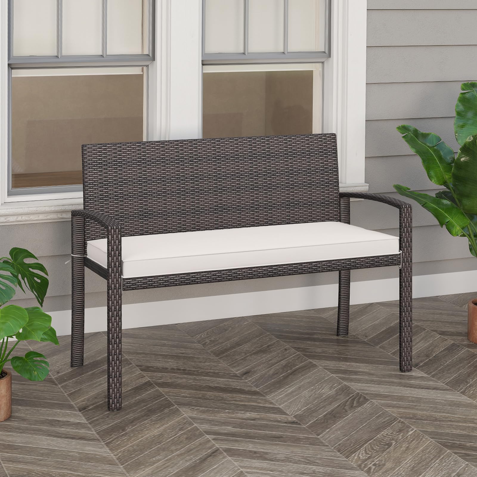 SFAREST 2-Seater Garden Bench, Outdoor Rattan Loveseat All-Weather Park Bench with Soft Seat Cushion, Patio Wicker Leisure Conversation Seating for Balcony Backyard Lawn (Off White)