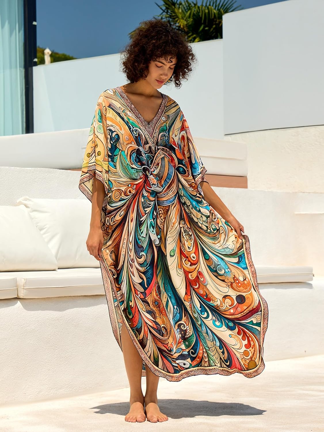 Kaftan Dresses for Women Side Split Caftan Bathing Suit Cover Up Casual Long Beach Loungewear Dress - Image 2