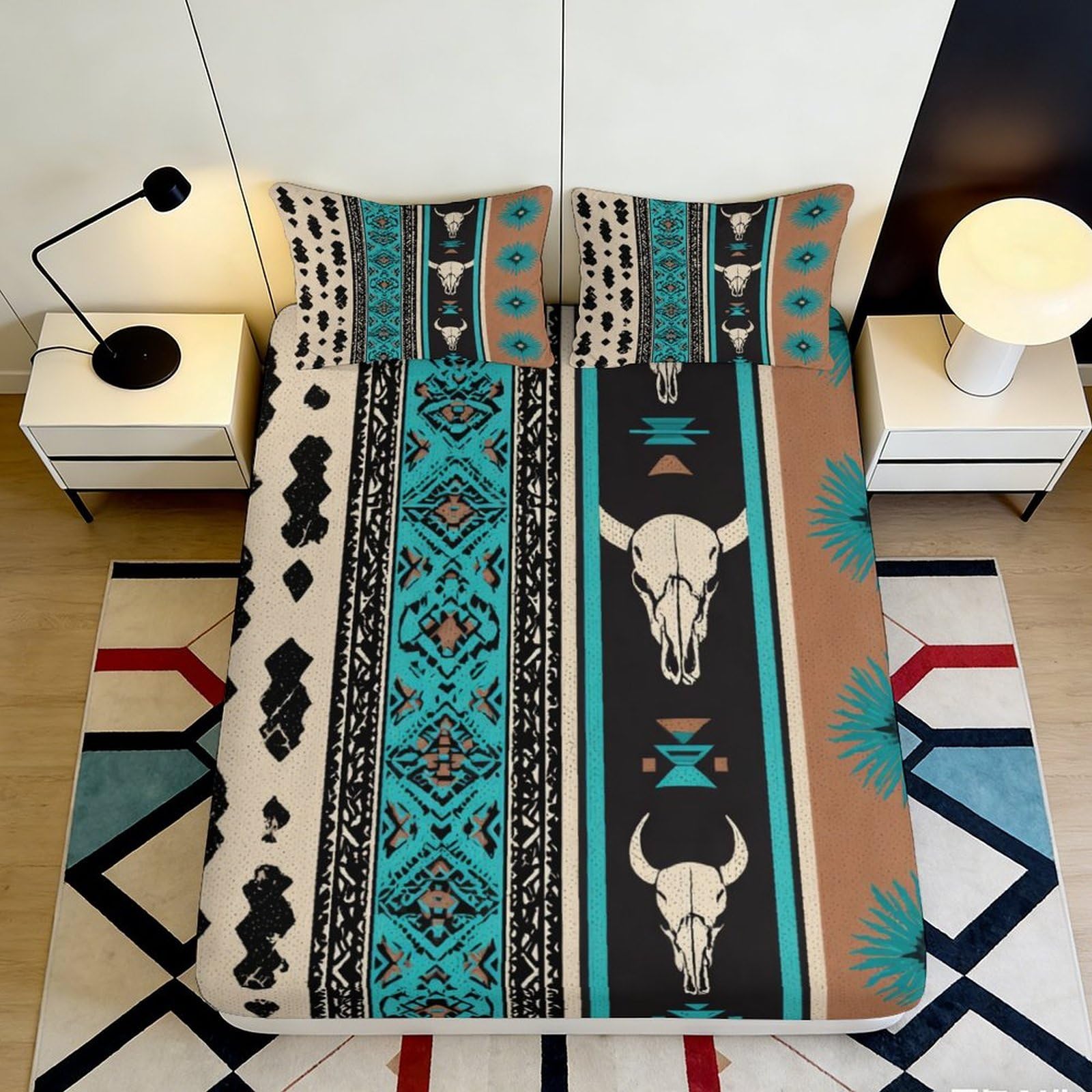 3D Printed Southwestern Bull Skull Fitted Sheet Microfiber Non-Slip Deep Pocket Aztec Bull Mattress Fitted Cover Bedroom Bedding 200x200x25cm 90x200x25cm