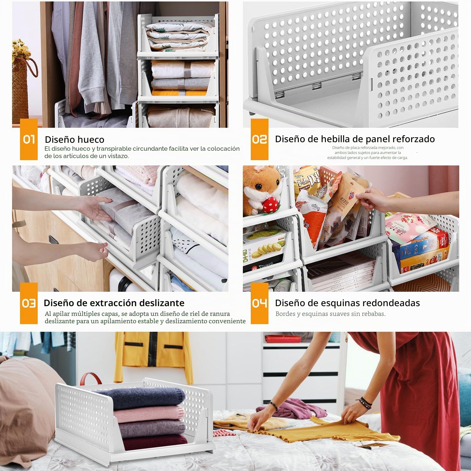 Organizador de almacenamiento para armario, 2 cestas apilables pequeñas, 43 x 33,5 x 14 cm, contenedores de plástico multiusos para armario, baño, oficina, hogar, juguetes, libros, ropa