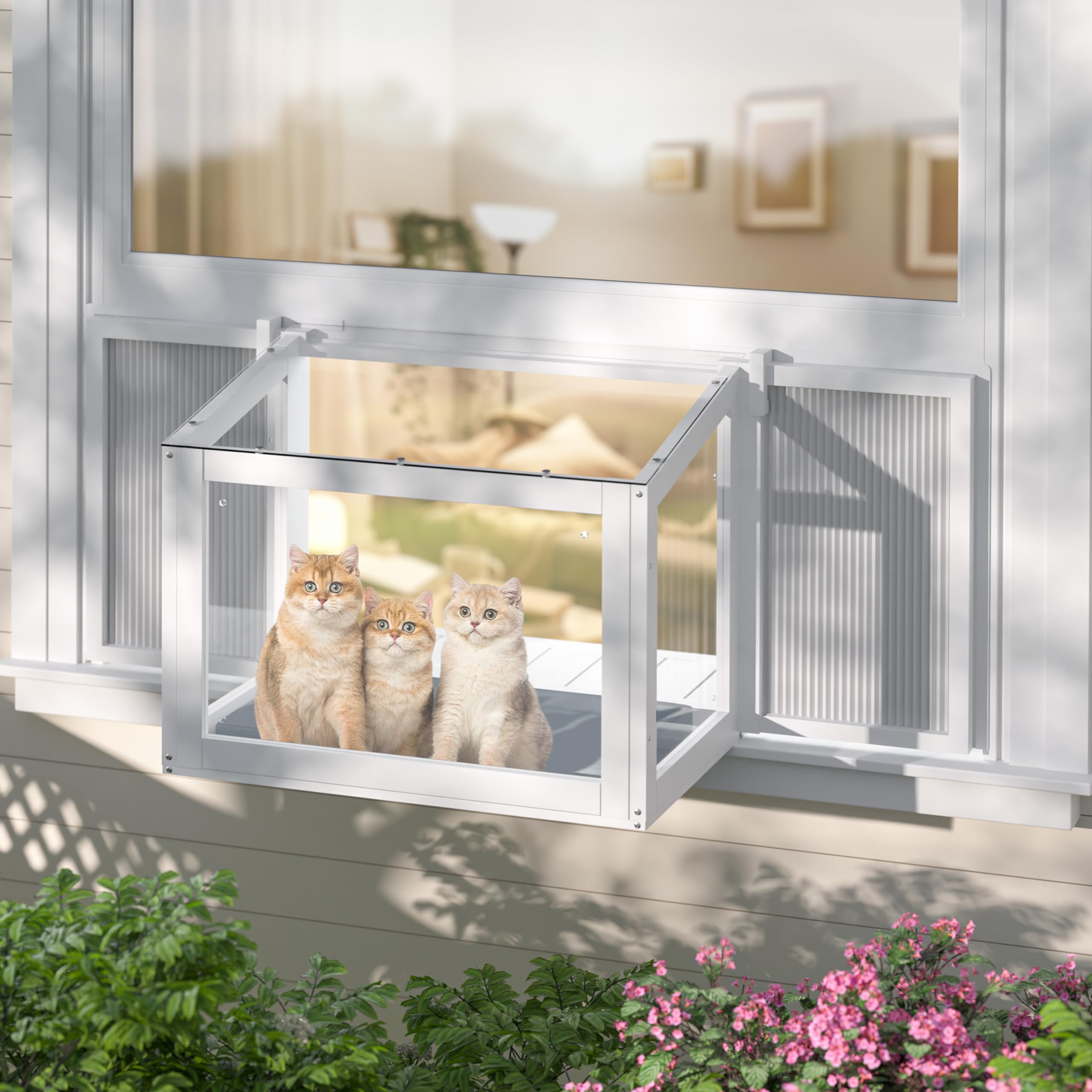 Cat Window Box, Adjustable Window Cat Perch Catio, Wooden Window Catio for Indoor Cats, Fits Vertical Window Frames 24" to 36" Wide, Sunbathing, Napping, Overlooking, White