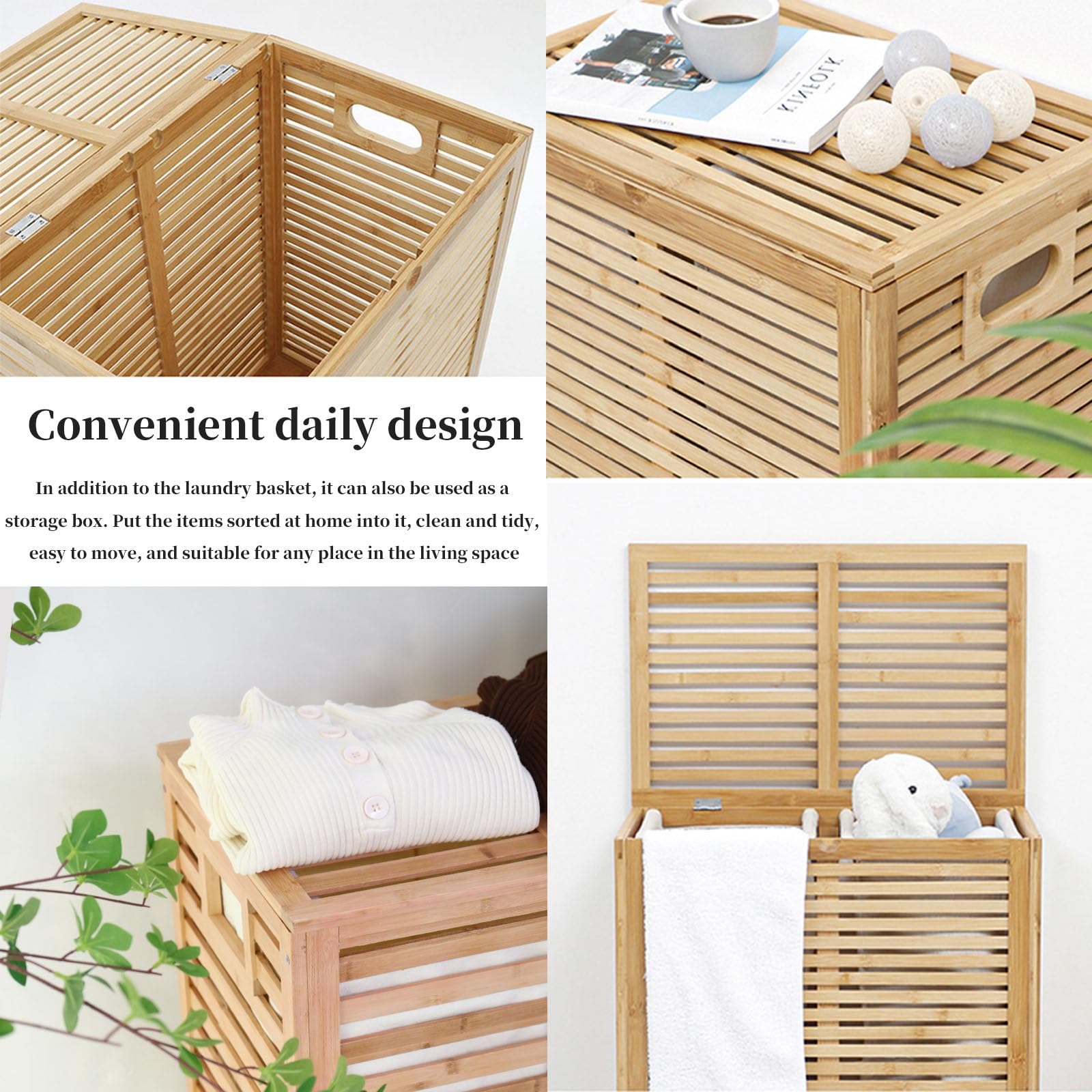 Lar - Cesto portabiancheria in bambù con coperchio, fodera rimovibile, per asciugamani, vestiti, bagno, camera da letto, dormitorio, cestino per biancheria